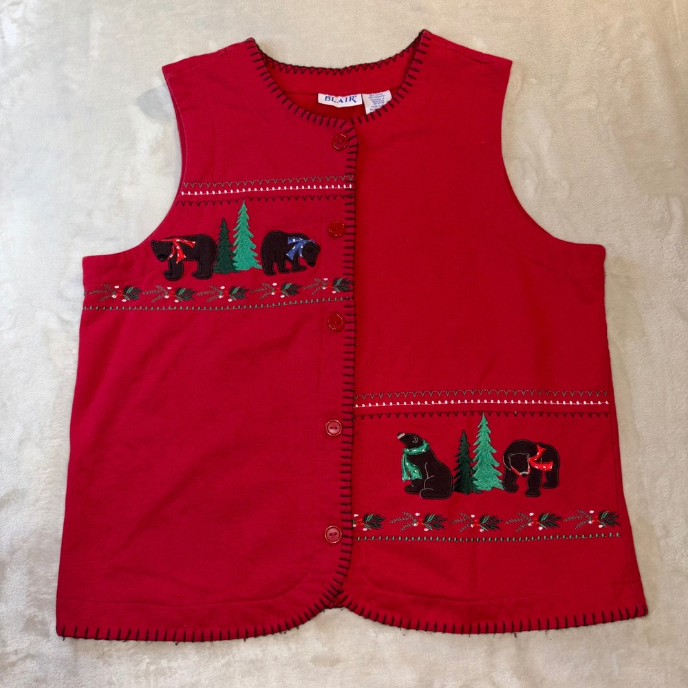 Vintage Blair Red Embroidered Bear Christmas Vest Women Large Fleece Button Up